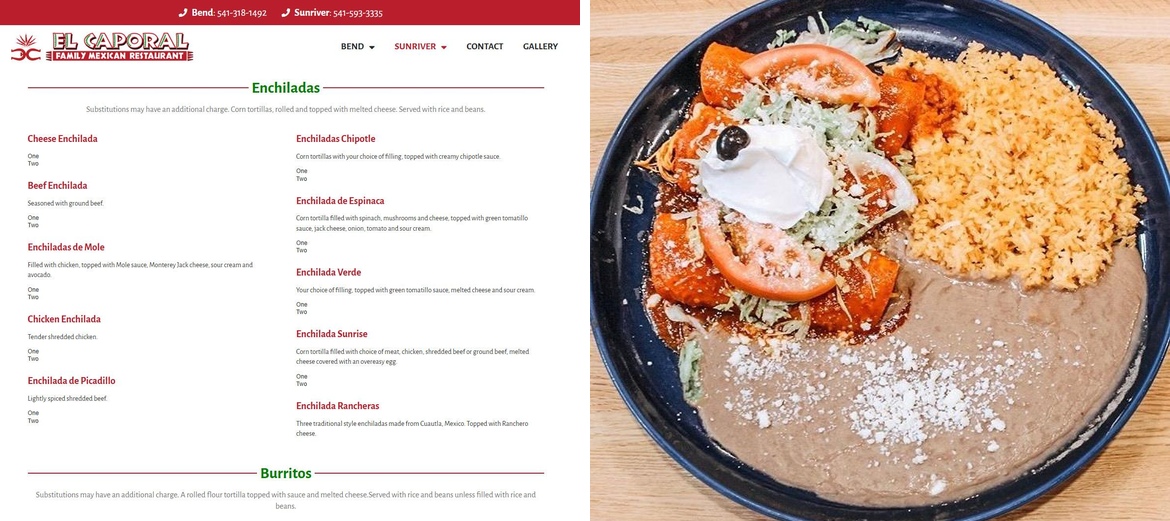 El Caporal Sunriver Menu